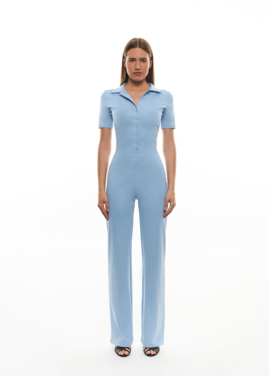 Light blue short-sleeve jumpsuit with button front and straight-leg silhouette